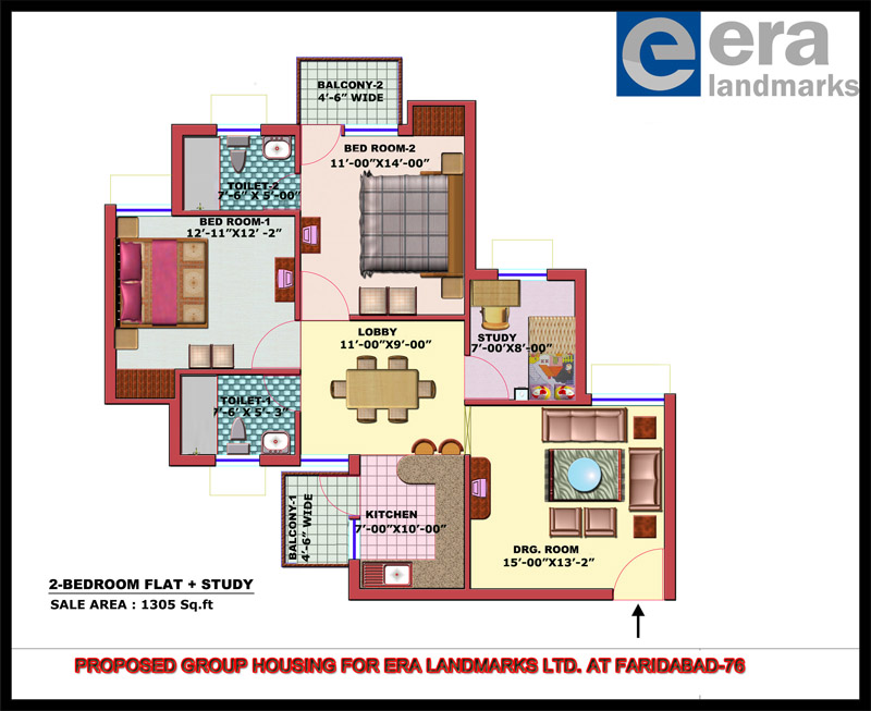 era divine court 2 bhk with study floor plan in 1305 sq. feets