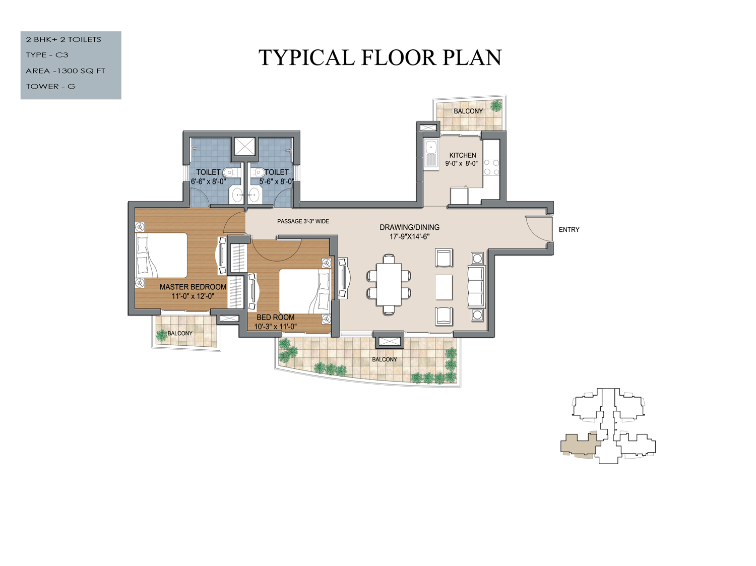 2 bhk floor plan in 1300 sq. feet area