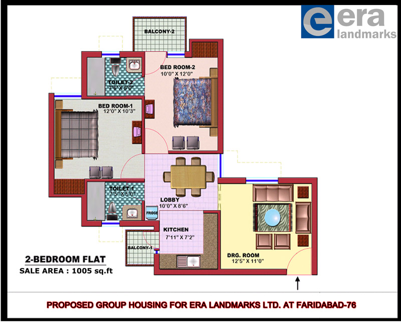 era divine 2 bhk floor plan in 1005 sq. feets